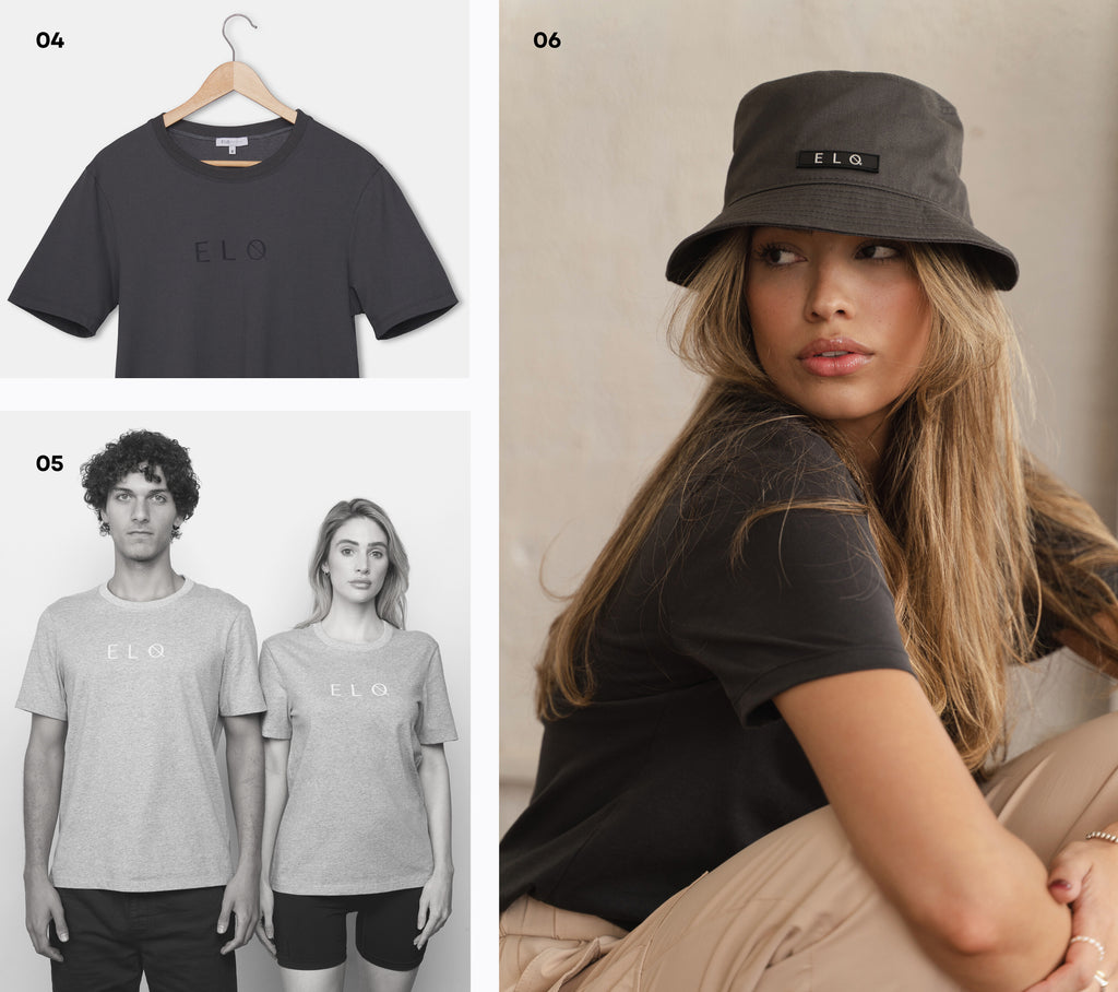 Models wearing essentials tshirt from ELQ. Grey and Black tee. Vintage black bucket hat.