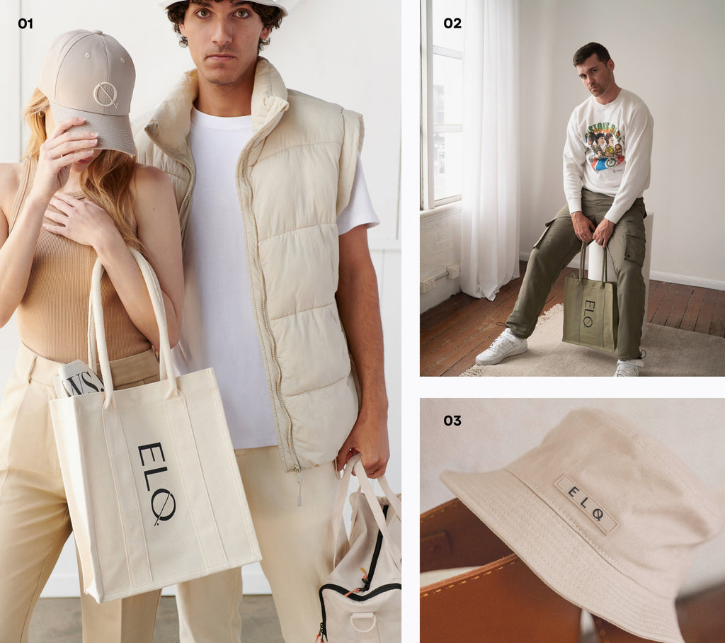 ELQ models wearing canvas tote bag, cotton bucket hat and beige baseball cap