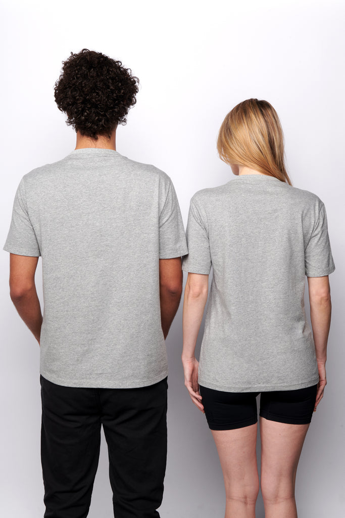 Models wearing grey mens tshirt and grey womens tshirt